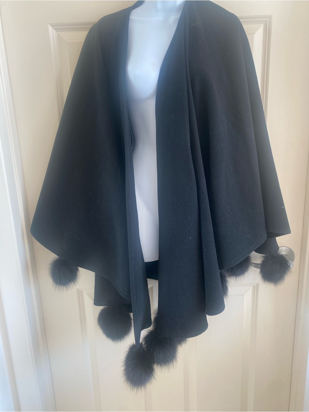 Wool & Cashmere Cape With Black Fox Pom Poms made in France